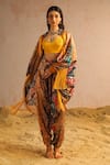 Shop_Aditi Gupta_Yellow Georgette Satin Printed Abstract Motifs Cape Open Neck Harem Pant Set _at_Aza_Fashions