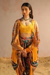 Aditi Gupta_Yellow Georgette Satin Printed Abstract Motifs Cape Open Neck Harem Pant Set _Online_at_Aza_Fashions