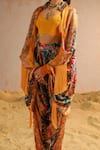 Buy_Aditi Gupta_Yellow Georgette Satin Printed Abstract Motifs Cape Open Neck Harem Pant Set _Online_at_Aza_Fashions