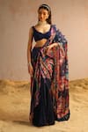 Aditi Gupta_Blue Organza, Crepe Pearls, Abstract Motifs Print Pre-draped Saree With Blouse _at_Aza_Fashions