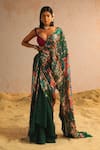 Buy_Aditi Gupta_Green Georgette Satin Printed Abstract Pattern Pre-draped Saree With Blouse _at_Aza_Fashions