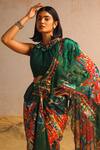 Aditi Gupta_Green Georgette Satin Printed Abstract Motifs Pre-draped Saree With Blouse _at_Aza_Fashions