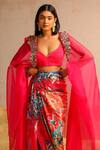 Buy_Aditi Gupta_Pink Georgette Satin Printed Abstract Motifs Cape Open Embroidered Skirt Set 