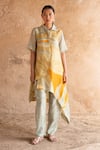 Buy_Clos_Green Dupion Silk Printed Abstract Collared Asymmetric Shirt Tunic With Pant _at_Aza_Fashions