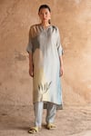 Buy_Clos_Grey Dupion Silk Printed Abstract Mandarin Asymmetric Straight Kurta With Pant _at_Aza_Fashions