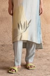 Clos_Grey Dupion Silk Printed Abstract Mandarin Asymmetric Straight Kurta With Pant _Online_at_Aza_Fashions