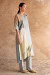 Shop_Clos_Grey Dupion Silk Printed Abstract Mandarin Asymmetric Straight Kurta With Pant _Online_at_Aza_Fashions