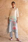 Buy_Clos_Blue Dupion Silk Printed Abstract Collared Asymmetric Kurta With Pant _at_Aza_Fashions