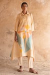 Buy_Clos_Peach Dupion Silk Printed Abstract Collared Asymmetric Kurta And Pant Set _at_Aza_Fashions