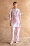 Buy_Clos_White Dupion Silk Printed Floral Collared Short Kurta With Pant _at_Aza_Fashions