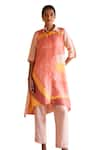 Buy_Clos_Peach Dupion Silk Printed Abstract Collared Tunic Kurta With Pant _Online_at_Aza_Fashions