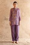 Buy_Clos_Purple Wrinkled Shimmer Cupro Printed Abstract Kurta Band Shirt With Pant _at_Aza_Fashions