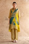 Buy_Clos_Yellow Wrinkled Shimmer Cupro Printed Abstract Asymmetric Tunic With Pant_at_Aza_Fashions