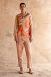 Buy_Clos_Orange Wrinkled Shimmer Cupro Printed Abstract Shirt Asymmetric And Pant Set _at_Aza_Fashions