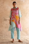 Buy_Clos_Blue Wrinkled Shimmer Cupro Printed Abstract Kurta Asymmetric Tunic With Pant _at_Aza_Fashions