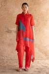 Buy_Clos_Red Wrinkled Shimmer Cupro Printed Abstract Kurta Asymmetric And Pant Set _at_Aza_Fashions