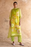 Buy_Clos_Green Wrinkled Shimmer Cupro Printed Floral Kurta Band Collar With Pant _at_Aza_Fashions