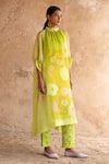 Clos_Green Wrinkled Shimmer Cupro Printed Floral Kurta Band Collar With Pant _Online_at_Aza_Fashions