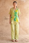 Buy_Clos_Green Wrinkled Shimmer Cupro Printed Abstract Jacket V Neck Shirt And Pant Set _at_Aza_Fashions