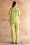 Shop_Clos_Green Wrinkled Shimmer Cupro Printed Abstract Jacket V Neck Shirt And Pant Set _at_Aza_Fashions