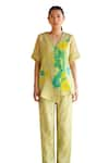 Buy_Clos_Green Wrinkled Shimmer Cupro Printed Abstract Jacket V Neck Shirt And Pant Set _Online_at_Aza_Fashions