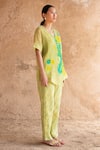 Shop_Clos_Green Wrinkled Shimmer Cupro Printed Abstract Jacket V Neck Shirt And Pant Set _Online_at_Aza_Fashions