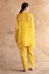 Shop_Clos_Yellow Wrinkled Shimmer Cupro Printed Abstract Asymmetric Shirt Tunic And Pant Set _at_Aza_Fashions