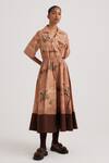Cord_Brown Cotton Satin Collared Derby Print Dress_at_Aza_Fashions