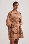 Cord_Brown Poplin Printed Derby Collared Asymmetric Short Dress _Online_at_Aza_Fashions