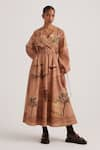 Buy_Cord_Brown Cotton Satin Printed Derby V Neck Drawstring Dress _at_Aza_Fashions