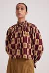 Cord_Brown Cotton Dobby Printed Stamp Checkered High Neck Elsa Blouse_Online_at_Aza_Fashions