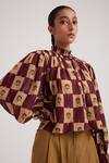 Buy_Cord_Brown Cotton Dobby Printed Stamp Checkered High Neck Elsa Blouse_Online_at_Aza_Fashions