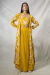 Buy_Khwaab by Sanjana Lakhani_Yellow Georgette Embroidery Flower Jacket Open Neck Blossom Lehenga Set_at_Aza_Fashions