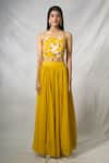 Khwaab by Sanjana Lakhani_Yellow Georgette Embroidery Flower Jacket Open Neck Blossom Lehenga Set_Online_at_Aza_Fashions