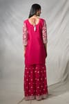 Shop_Khwaab by Sanjana Lakhani_Pink Chinon Embroidery Flower Round Neck Resham Straight Kurta Palazzo Set_at_Aza_Fashions