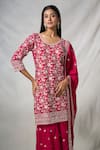 Shop_Khwaab by Sanjana Lakhani_Pink Chinon Embroidery Flower Round Neck Resham Straight Kurta Palazzo Set_Online_at_Aza_Fashions
