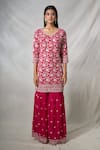 Buy_Khwaab by Sanjana Lakhani_Pink Chinon Embroidery Flower Round Neck Resham Straight Kurta Palazzo Set