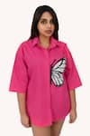 Buy Richaa Goenka Pink Cotton Beads Collared Butterfly Hand Embroidered Shirt at Aza Fashions Buy_Richaa Goenka_Pink Cotton Beads Collared Butterfly Hand Embroidered Shirt _at_Aza_Fashions