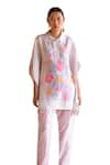 Shop_Clos_White Dupion Silk Printed Floral Collared Short Kurta With Pant _Online_at_Aza_Fashions