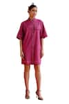 Buy_Label RaMa_Magenta Handloom Cotton Embroidery Stitchline Thread Collar Shirt Dress 