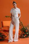 Buy_Label RaMa_White Handloom Cotton Plain Collar Easter Jumpsuit With Belt _at_Aza_Fashions