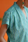 Label RaMa_Blue Muslin Printed Stripe V Neck Tulip Top _Online_at_Aza_Fashions