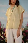 Label RaMa_Yellow Muslin Printed Linear V Neck Tulip Top _Online_at_Aza_Fashions