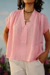 Buy_Label RaMa_Pink Silk Plain V Neck Tulip Gathered Top _at_Aza_Fashions