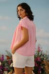 Label RaMa_Pink Silk Plain V Neck Tulip Gathered Top _Online_at_Aza_Fashions