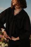 Buy_Label RaMa_Black Silk Cotton Solid Stand Collar Jasmine Peasant Sleeves Top