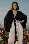 Buy_Label RaMa_Black Muslin Solid Plunging V Neck Le Mistral Front Tie Up Cape _at_Aza_Fashions