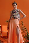 Shop_Label RaMa_Peach Silk Cotton Solid Swallow Tail High Slit A-line Skirt _Online_at_Aza_Fashions