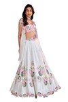 Buy_Nea by Nikita Tiwari_White Raw Silk Hand Embroidered Lotus Plunge Lehenga Set With Cape_Online_at_Aza_Fashions