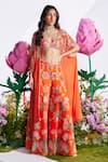 Buy_Nea by Nikita Tiwari_Orange Raw Silk Hand Embroidered Lotus Plunge Print Cape With Sharara Set_at_Aza_Fashions